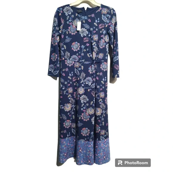 Talbots Womens Effortless Jersey Navy & Pink Paisley Midi Dress NWT